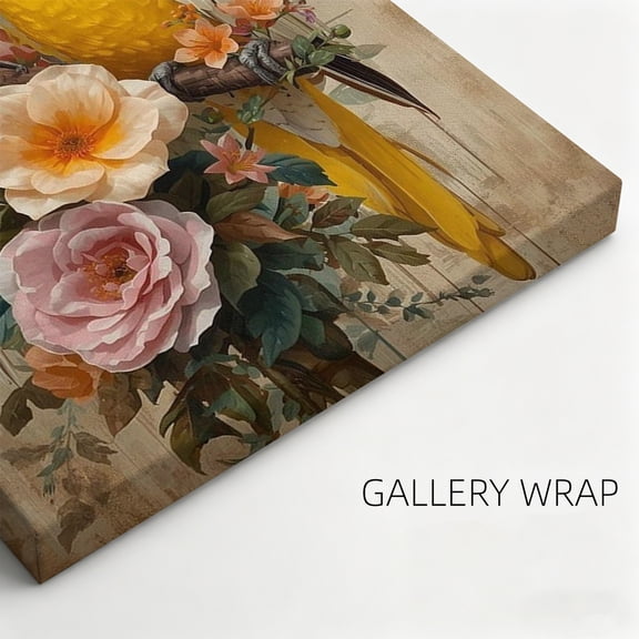 Vintage Botanical Tropical Parrots Canvas Wall Art, Elegant White Cockatoo and Yellow Conure Matte Finish Gallery Wrapped, Classical Floral Living Room Decor 8*12