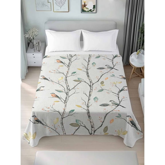 Vintage Botanical Twim Size Flat Sheet, Wrinkleproof & Fadeproof Cooling Flat Bed Sheet Only, Birds Branch Watercolor Leaf Breathable Soft Bedding Top Sheets 66 x 96 Inches