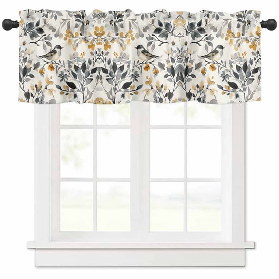 Vintage Botanical Valances for Windows Farmhouse Kitchen Curtains Valances Rod Pocket Valance Curtains for Kitchen Windows Yellow Grey Spring Floral Birds Window Valances for Bathroom Bedroom 42"x12"