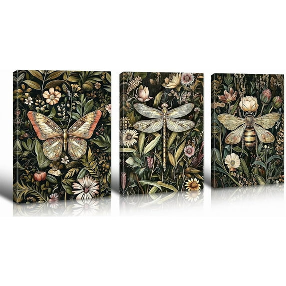Vintage Botanical Wall Art,Cottagecore Canvas Painting Nature Floral Decor with Butterfly Dragonfly Bee,Dark Green Aesthetic Pictures for Living Room Bedroom Home Decorations（Only canvas）