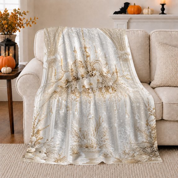 Vintage Botanical White Bloom Golden Branches, Cozy Botanical Garden Scene, Warm Flannel Blanket for Sunroom and Reading Nook, Garden Lovers Valentine's Day Gift, Botanical Home Decor