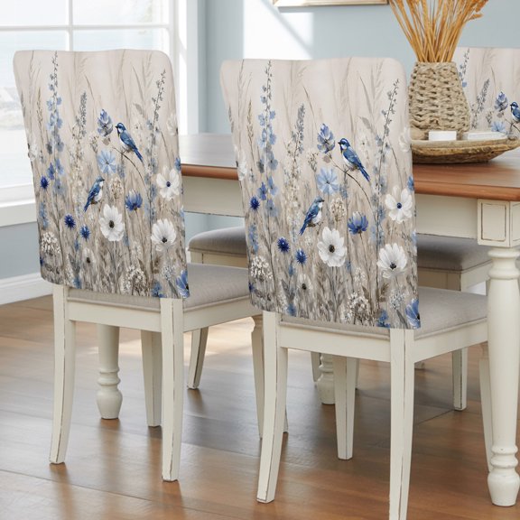 Vintage Botanical Wildflowers Bird Chair Covers Set of 8 Rustic Garden Floral Chair Back Covers Stretch Removable Washable Slipcovers Protector for Dining Room Kitchen Party Decor