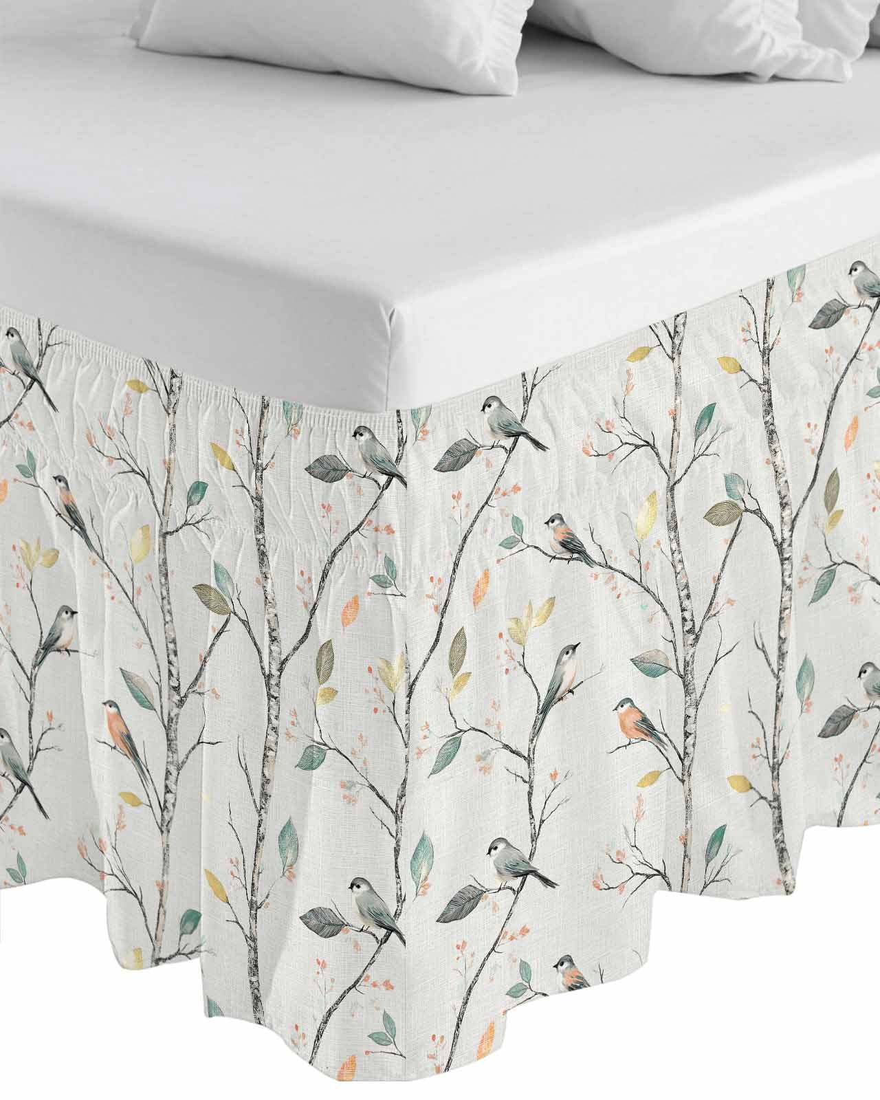 Vintage Botanical Wrap Around Bed Skirts for Queen Bed 16" Drop, Bed Skirt with Adjustable Elastic Belt Dust Ruffle Bed Valance for Bedroom Hotel Luxury Birds Branch Watercolor Leaf Bed Frame Cover