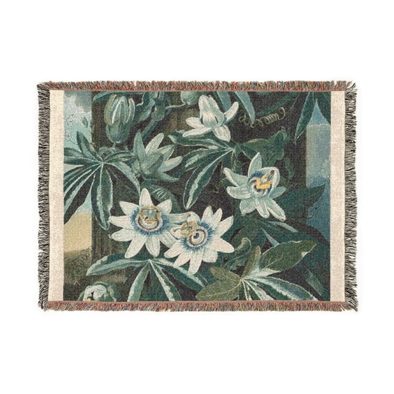 Vintage Botanical the Blue Passion Flower Woven Throw Blanket, 100% Cotton, Fringed Edges