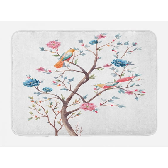Vintage Botany Bath Mat, Colorful Exotic Bird on Blossoming Tree Print, Plush Bathroom Decor Mat with Non Slip Backing, 29.5" X 17.5", Multicolor, by Ambesonne