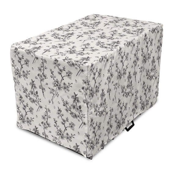 Vintage Botany Dog Crate Cover, Detailed Sketch of Sakura Cherry Blossom Leaves on Branches, Easy to Use Pet Kennel Cover Small Dogs Puppies Kittens, 7 Sizes, Champagne Charcoal Grey, by Ambesonne