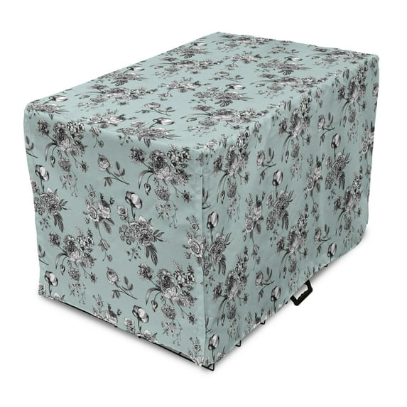 Vintage Botany Dog Crate Cover, Monochrome Floral Bouquet Sketch Muted Tone Background, Easy to Use Pet Kennel Cover Small Dogs Puppies Kittens, 7 Sizes, Seafoam Grey, by Ambesonne