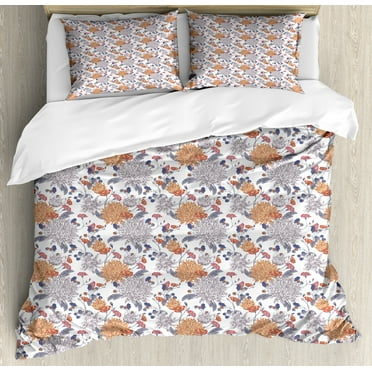 Vintage Botany Duvet Cover Set, Blooming Chrysanthemums Drawn by Hand, Decorative 3 Piece Bedding Set with 2 Pillow Shams, Calking Size, Dark Lavender Dark Peach, by Ambesonne