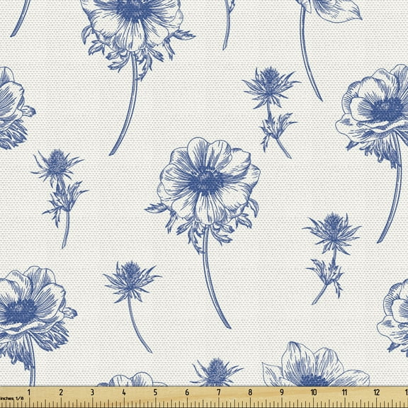 Vintage Botany Fabric by the Yard, Abstract Anemones Flowers in Monochrome Tones Illustration, Upholstery Fabric for Dining Chairs Home Decor Accents, 1 Yard, Dark Violet Off White by Ambesonne