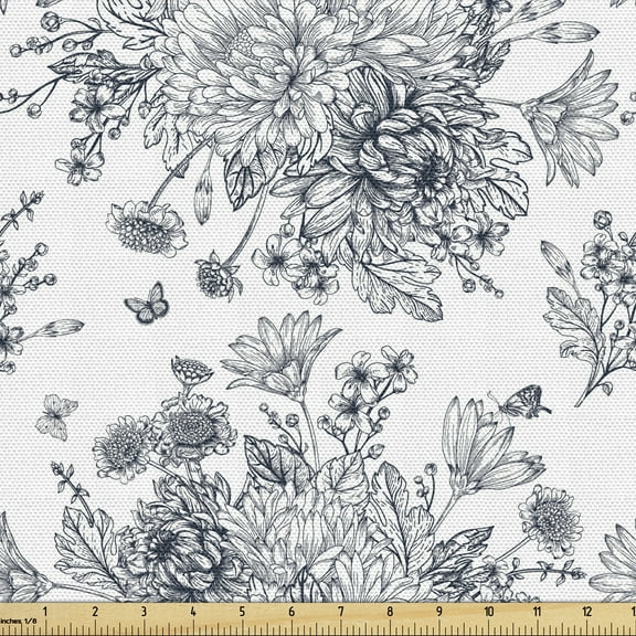 Vintage Botany Fabric by the Yard, Composition of Flower Bouquets and Leaves on a Plain Background, Upholstery Fabric for Dining Chairs Home Decor Accents, 5 Yards, Dark Slate Blue White by Ambesonne