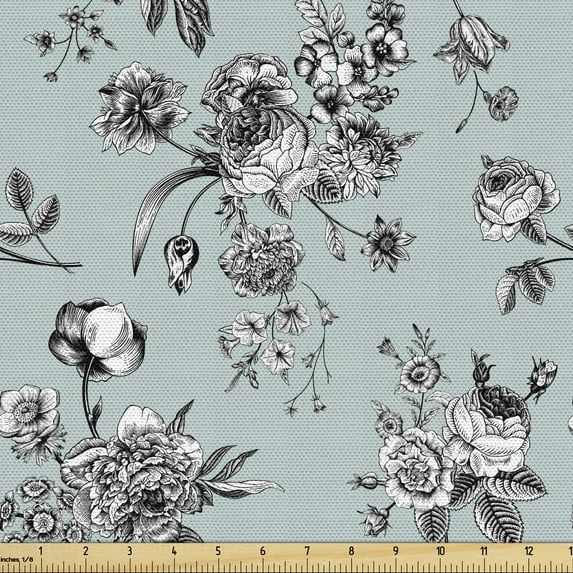 Ambesonne Vintage Botany Fabric by the Yard Upholstery, Pastel Tone Bouquet, 1 Yard, Seafoam Grey