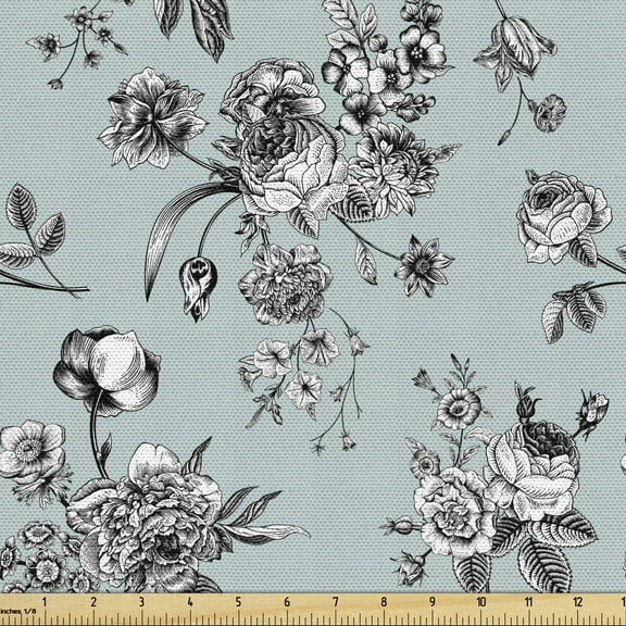 Ambesonne Vintage Botany Fabric by the Yard Upholstery, Pastel Tone Bouquet, 2 Yards, Seafoam Grey