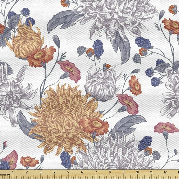 Ambesonne Vintage Botany Fabric by the Yard Upholstery, Drawn Chrysanthemums, 10 Yards, Dark Lavender Dark Peach