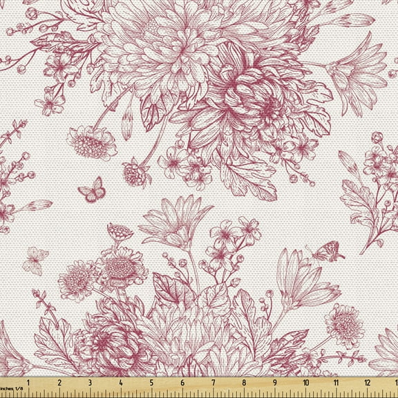 Ambesonne Vintage Botany Fabric by the Yard Upholstery, English Flora Garden, 2 Yards, Pale Rose Pale Ruby