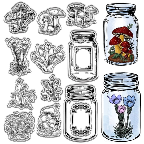Vintage Bottle Clear Rubber Stamp Glass Jar Plants Mushroom Flowers Transparent Silicone Seals Stamp Retro for Journaling Card Making DIY Scrapbooking