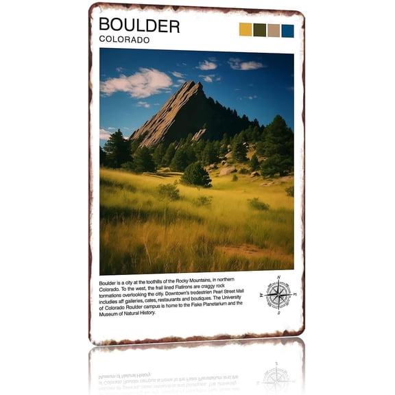 Vintage Boulder Colorado Metal Wall Art Poster, Travel Scenery Home Decor Sign for Living Room Bedroom Office Restaurant, 8 x 12 Inch