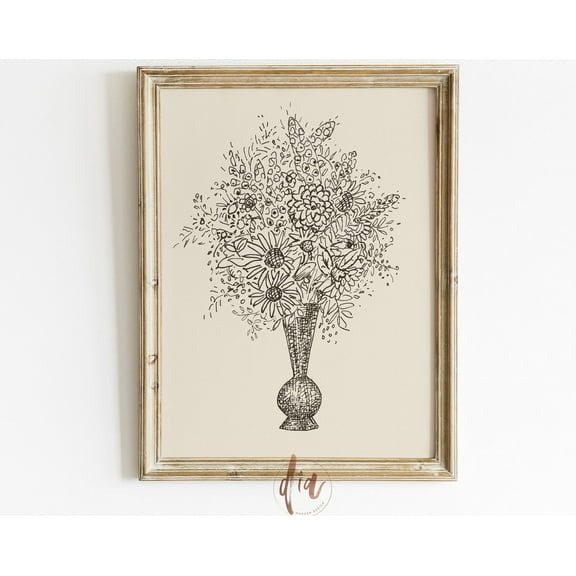 Vintage Bouquet Sketch, Antique Line Art, French Country Farmhouse, Vintage Minimal Sketch, Flower Drawing, Wall Art, Modern Wall Decor, 8x12 UNFRAMED