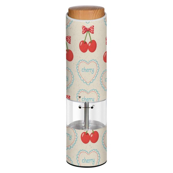Vintage Bow Cherry and Heart Pattern Printed Electric Pepper Mill One-Touch Battery Operated Salt Grinder Adjustable Coarseness Decorative Counter Spice Tool