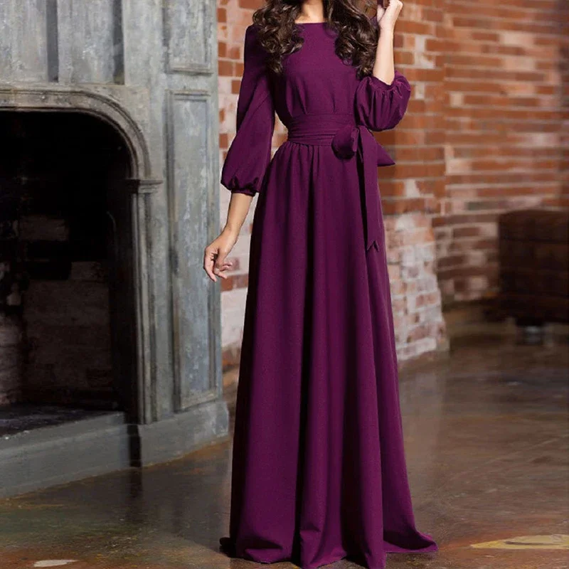 Vintage Bow Tie Maxi Dress 2024 Women Lantern Sleeve Long