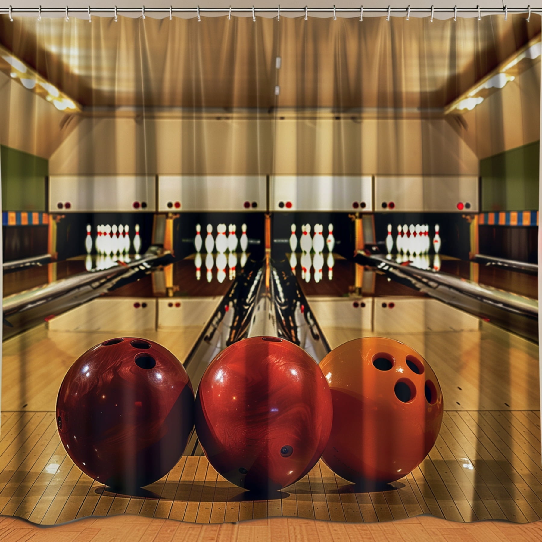 Vintage Bowling Alley Scene Shower Curtain Norman Rockwell Style Decor Indoor Bowling Balls and