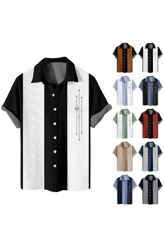 Vintage Bowling Shirts for Men Coconut Print Hawaiian 50s Retro Summer Beach Casual Button Down Short Waffle Sleeve 2026 Blue 4XL