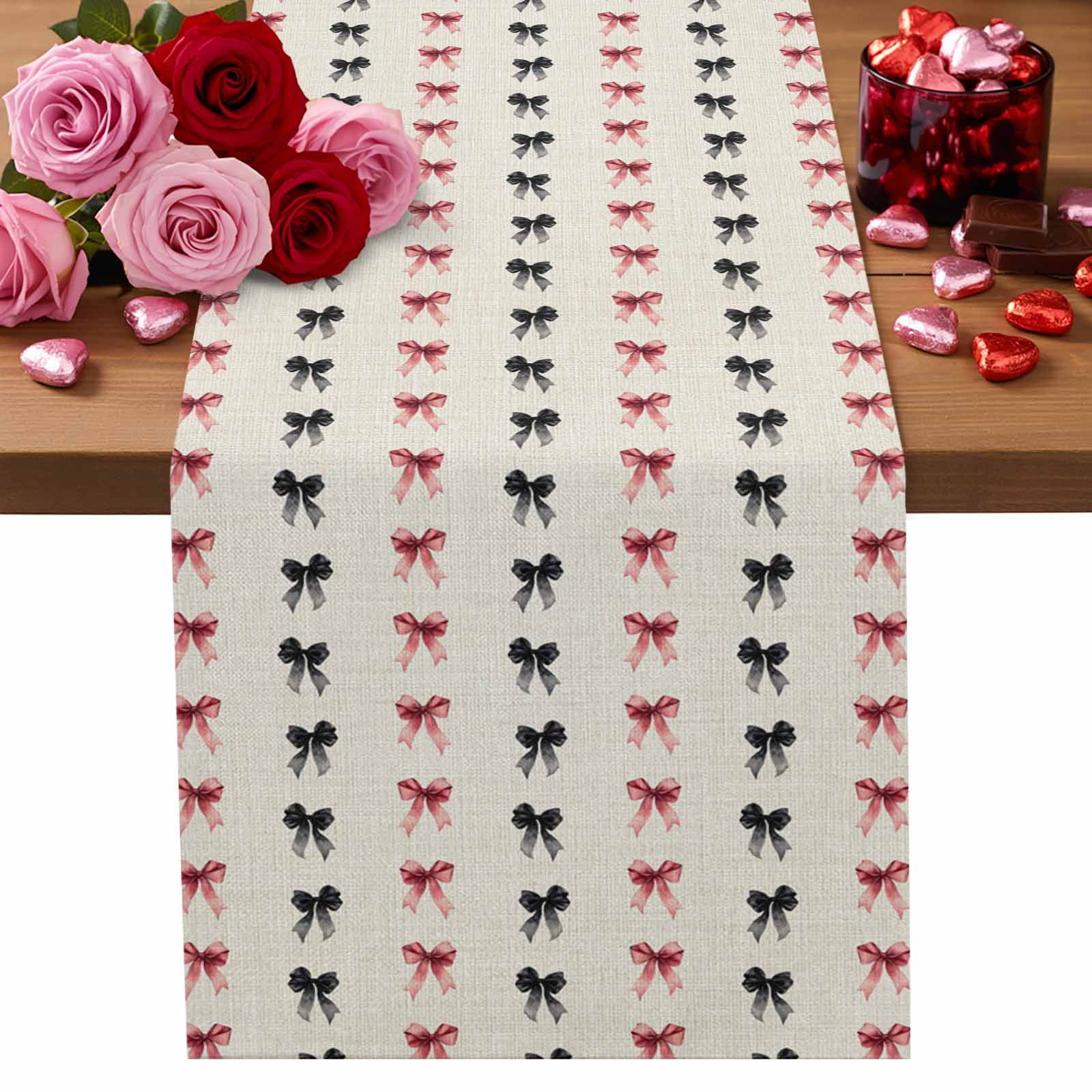 Bow Rug Runner Vintage Bows Cotton Linen Table Runner Black Bow Pink Bow Linen Texture ...