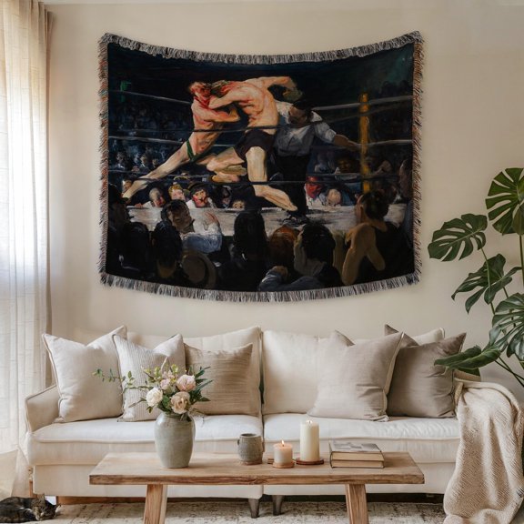 Vintage Boxing Match in Black, Red and Tan Woven Blanket, 100% Cotton, Sports Art for Living Room