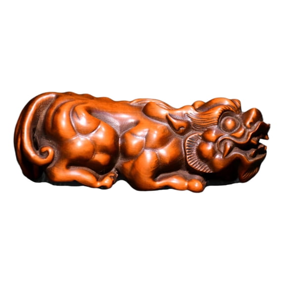 Vintage Boxwood Carving Handcarved Wood Handheld Figurine Pixiu Feng Shui Charm Protection Security Abundance Gift Livingroom