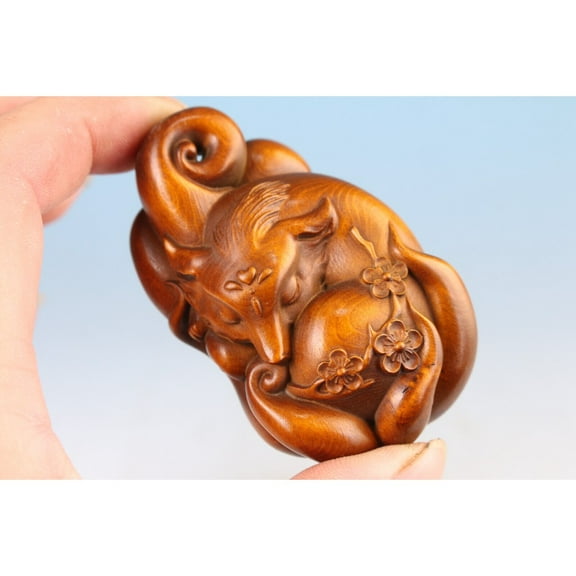 Vintage Boxwood Hand Carved Fox Figure Statue Collectable Gift