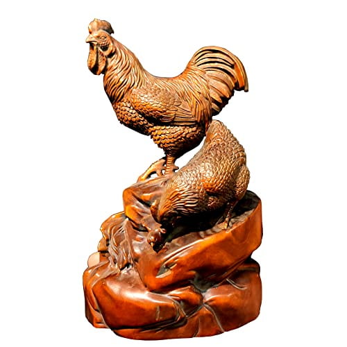 Vintage Boxwood Wooden Carved Chicken Statue Rooster Kitchen Decor Home Decorative Sculpture Farm Animals Decoration Figurine Collection Wood Carving