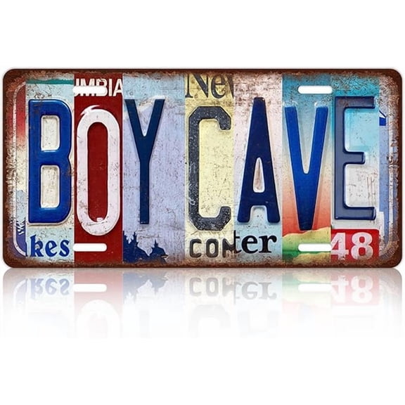 Vintage Boy Cave Metal Tin Sign License Plate Wall Decor 12 x 6 Inches