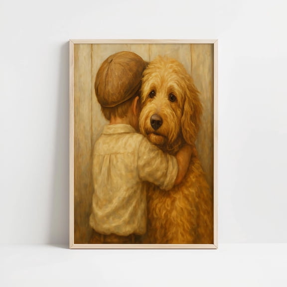 Vintage Boy and Labradoodle Rustic Farmhouse Dog, Unframed Paper Print Size 12x18
