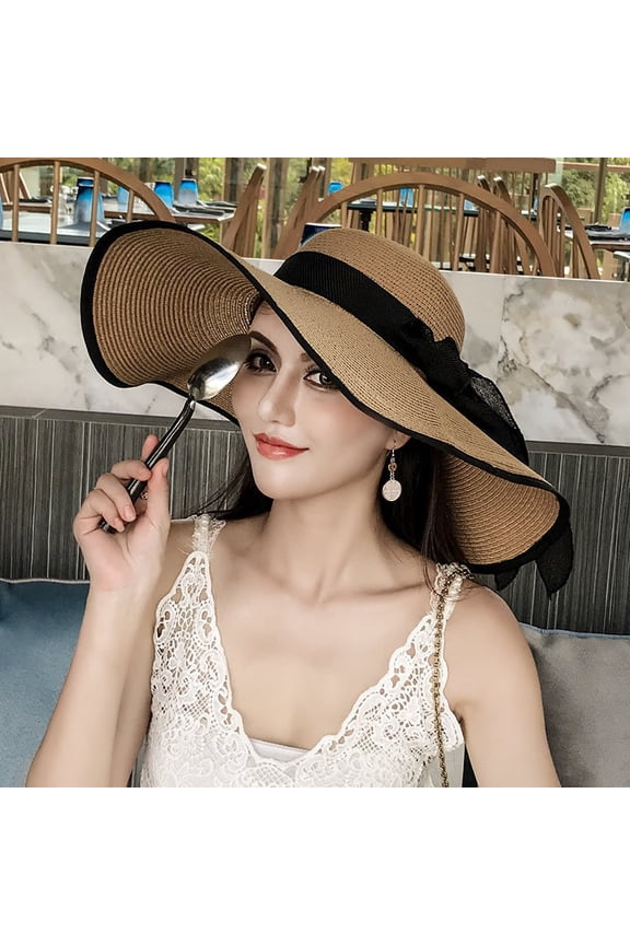 Vintage Braided Large Brim Sun Hat with Bow, Women's Summer Floppy Cap for Garden Parties Khaki