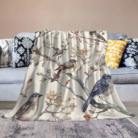 Vintage Branches Tree Throw Blanket for Couch, Classic Nature Floral Bird Foliage Retro Bird Cozy Soft Blankets for Sofa