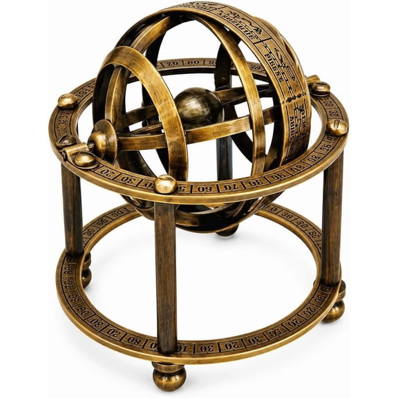 Vintage Brass Armillary Sphere Decorative Zodiac Globe Sundial Gold Astronomical Desktop Decor Antique Nautical Style (Small Antique Brass Armilarry)