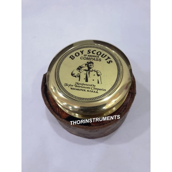 Vintage Brass Boy Scouts Compass With Leather Case Nautical Decor