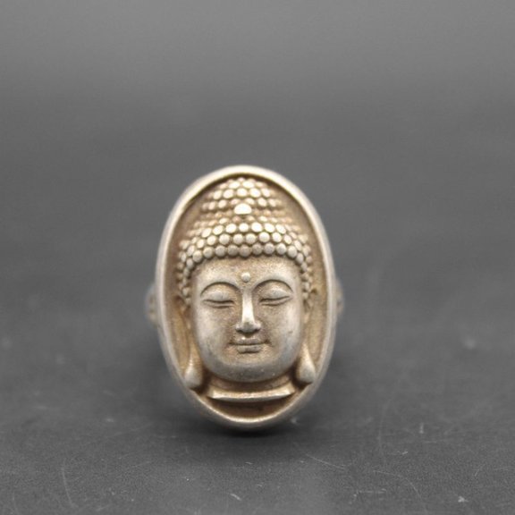 Vintage Brass Buddha Head Ring Qing Style Imitation Qianlong Era Collectible Buddhist Jewelry for Men and Women