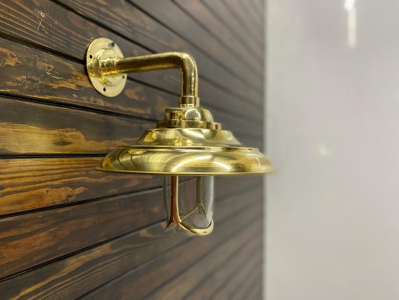 Vintage Brass Bulkhead Wall Sconce – Maritime Industrial Ship Passage Light with Deflector Shade