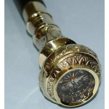Vintage Brass Compass Handle Walking Stick – Victorian-Style Wooden Cane for Men – Handcrafted Antique Explorer’s Cane