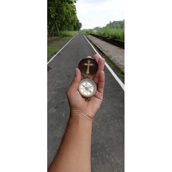 Vintage Brass Compass with Cross & Scripture Psalm 27:1 Maritime Treasures gift