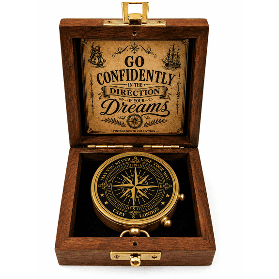 Vintage Brass Compass with Wooden Gift Box, Nautical Navigation Compass, Inspirational Adventure Gift for Men, Explorer Keepsake