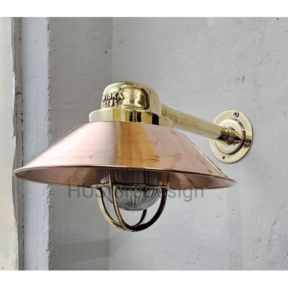 Vintage Brass & Copper Wall Light  Nautical Ship Sconce with Hat Shade, Industrial Outdoor Lighting