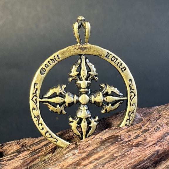 Vintage Brass Cross Vajra Amulet, Tibetan Double Vajra Dorje Cross Necklace, Tibetan Buddist Prayer Pendant