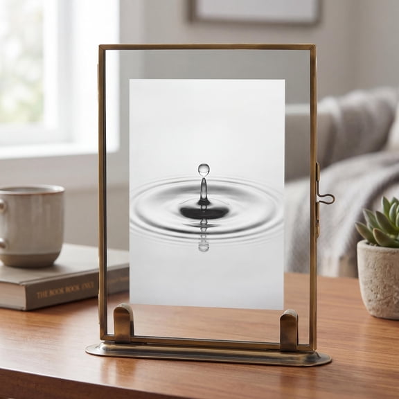 Vintage Brass Floating Photo Frame, Double-Layer Glass with Solid Brass Base, Tabletop Display for Home Dcor, Table Centerpieces, or Gifts, 5.5" x 1.6" x 7"