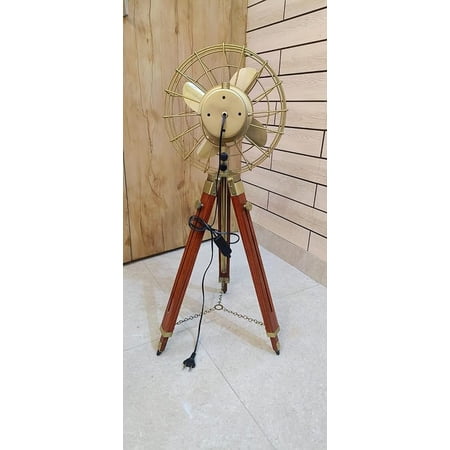 Vintage Brass Floor Fan with Wooden Tripod Stand | Retro Electric Pedestal Fan | Home Office Decorative Cooling Fan | 16 Inch