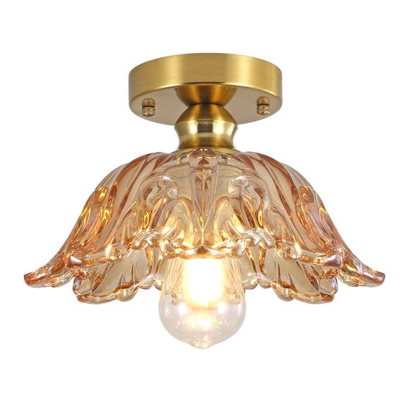Vintage Brass Flush Mount Ceiling Light with Amber Embossed Glass Shade, 1-Light E26