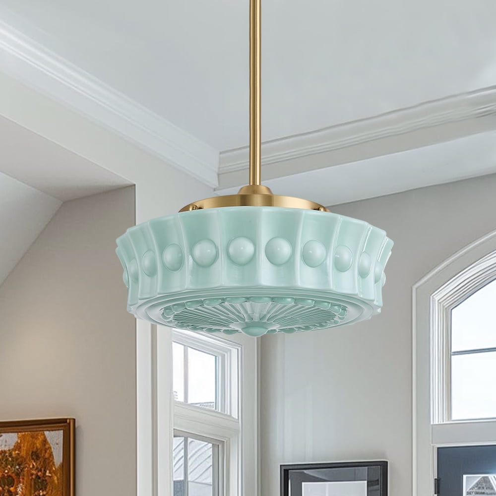Vintage Brass Glass Pendant Lamp, Flower Embossed Pattern Adjustable Height Hanging Light For Home Decor