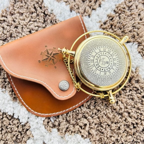 Vintage Brass Golden Compass with Leather Case - Engraved Navigation Pocket Compass, Anniversary & Birthday Gift for Him, Men, Husband, Dad, Christmas Stocking Stuffer