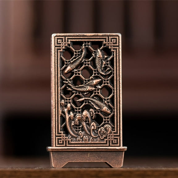 Vintage Brass Incense Burner, Exquisite Fish & Lattice Carving Design Incense Holder, for Home Buddha Meditation Room Desktop Decoration