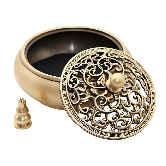 Vintage Brass Incense Burner with Hollow‑Carved Lid – Solid Copper Cone & Stick Holder for Sandalwood, Yoga & Meditation, Fireproof Cotton Included, 3.5" x 1.2", Home Decor